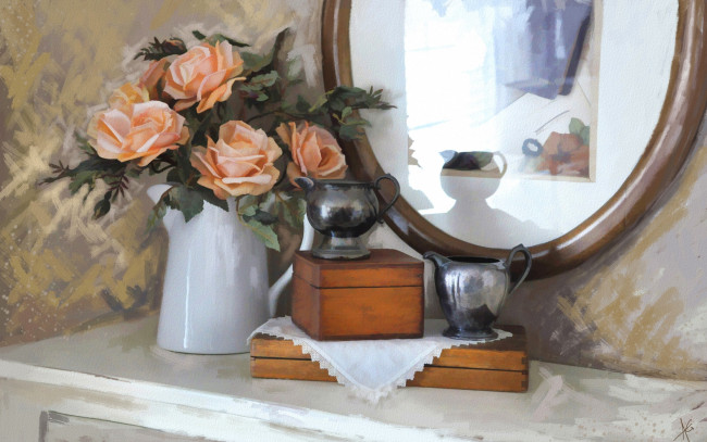 Обои картинки фото рисованное, цветы, розы, зеркало, текстура, букет