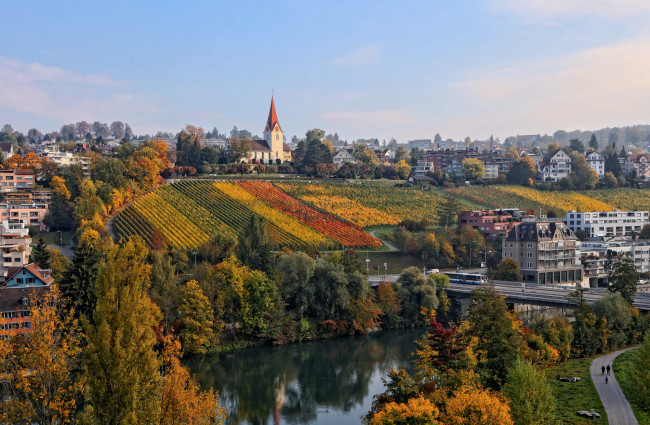 Обои картинки фото города, цюрих , швейцария, пейзаж, дома, река, виноградник, склон, цюрих