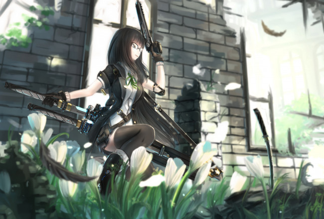 Обои картинки фото аниме, kikivi , artbook, оружие, мечи, девушка, арт, kikivi, цветы