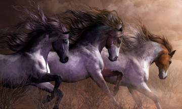 Картинка рисованное животные +лошади кони природа фон