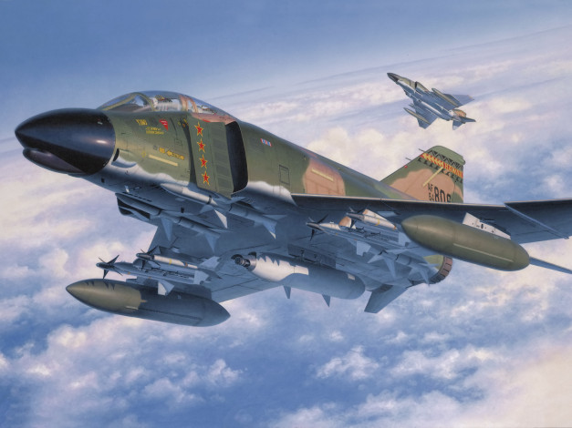 Обои картинки фото рисованное, авиация, painting, art, war, aviation, jet, mcdonnell, douglas, f-4, phantom, ii, fighter