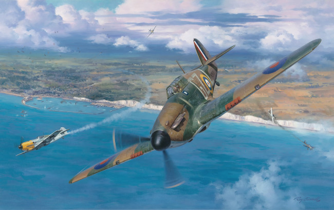 Обои картинки фото рисованное, авиация, messerschmitt, bf, 109, junkers, ju, 87, war, ww2, aviation, painting, art, hawker, hurricane, battle, of, britain