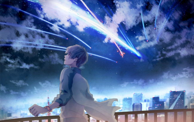 Обои картинки фото аниме, kimi no na wa, небо, tachibana, taki, облака, звезды, mikkun, 04, kimi, no, na, wa, арт, падающая, звезда, парень, дома, город, ночь