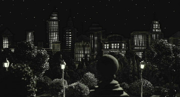 обоя рисованное, города, фонарь, ночь, здание, небоскреб, деревья