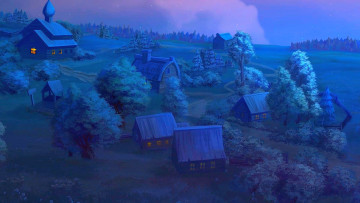 Картинка рисованное города растения изба ночь деревья