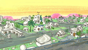 Картинка рисованное города здание пальма дорога