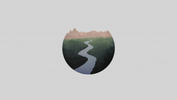 обоя рисованное, минимализм, горы, лес, река