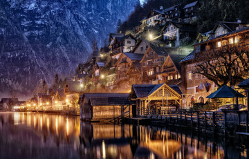 Картинка города гальштат+ австрия огни вечер город озеро горы