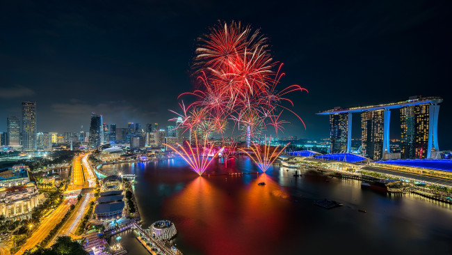 Обои картинки фото города, сингапур , сингапур, ночь, фейерверк