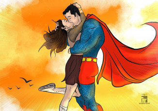 обоя рисованное, комиксы, девушка, супермен, поцелуй