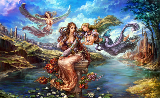 Обои картинки фото видео игры, forsaken world, девушки, цветы, колонны, река, крылья