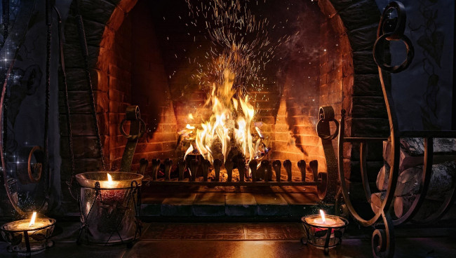 Обои картинки фото интерьер, камины, свечи, камин, огонь, искры