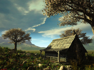 Картинка 3д графика nature landscape природа дом деревья горы цветы