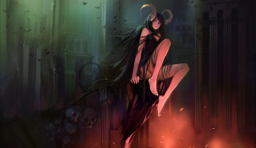 Картинка аниме angels demons череп гора демоница демон хвост подземелье здания обрыв