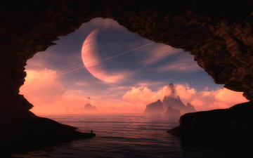 Картинка 3д графика atmosphere mood атмосфера настроения грот пещера планета человек спутник вода озеро туман облака закат