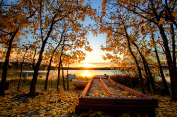 Картинка природа восходы закаты закат озеро деревья листва мостик