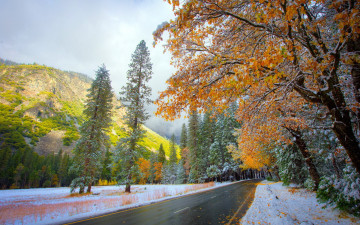 обоя природа, дороги, снег, осень, дорога
