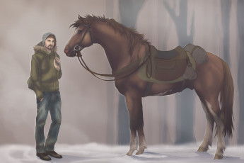 обоя рисованные, животные, лошади, человек, лошадь