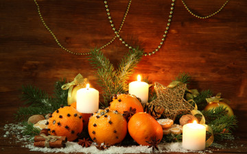 Картинка праздничные угощения елка украшения новый год рождество свечи merry christmas апельсины decoration