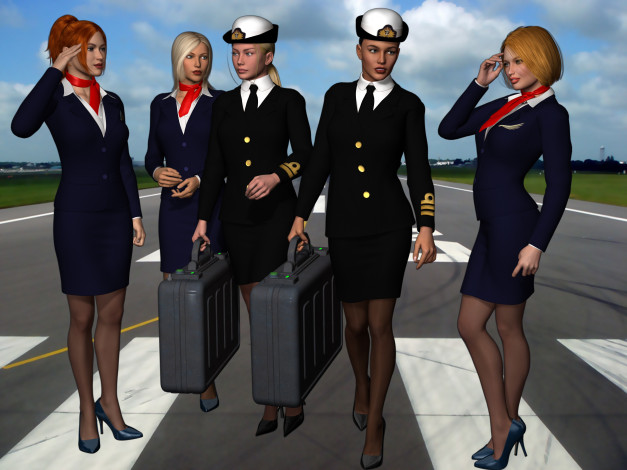 Обои картинки фото stewardesses, 3д графика, фантазия , fantasy, взгляд, девушки, стюардессы