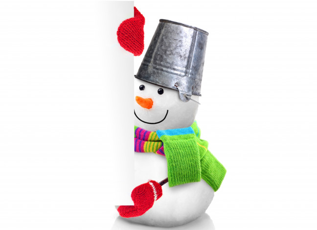 Обои картинки фото праздничные, снеговики, снеговик, новый, год, фон, ведро, варежки, морковка