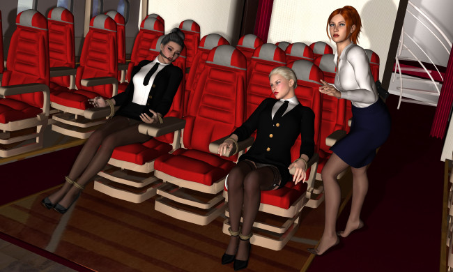 Обои картинки фото stewardesses, 3д графика, фантазия , fantasy, рыжая, салон, стулья, девушки