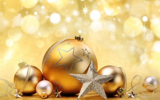 Обои картинки фото праздничные, украшения, merry, звезда, шары, decoration, новый, год, рождество, gold, bokeh, christmas