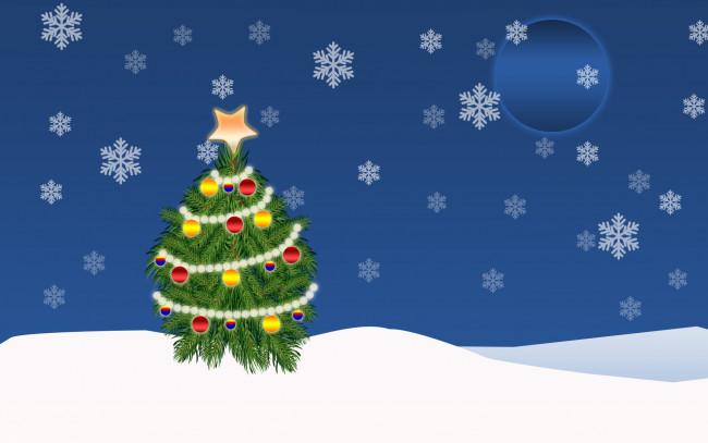 Обои картинки фото праздничные, векторная графика , новый год, снег, фон, луна, украшения, елка, снежинки