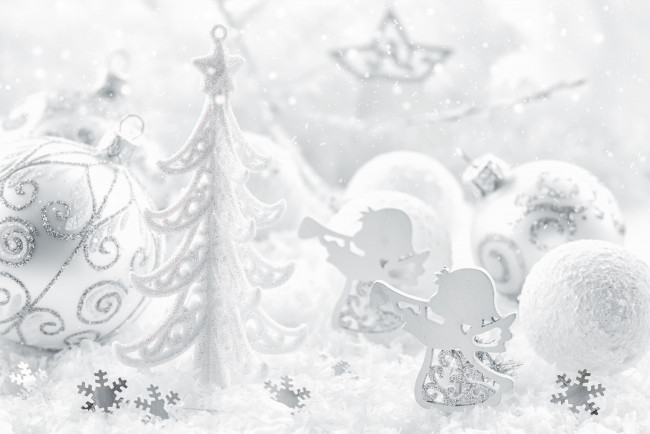 Обои картинки фото праздничные, фигурки, снег, белое, шар, ёлка, ангелы, christmas, рождество, новый, год