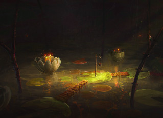 Картинка рисованное цветы озеро ночь цветок кувшинка мостик арт вода мост лес
