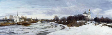 Картинка ледоход+-+страхов+валерий рисованное живопись льдины река мост церкви деревья снег весна