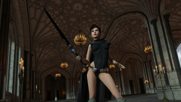 Картинка 3д+графика фантазия+ fantasy храм оружие фон взгляд девушка