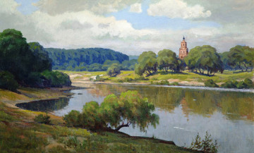 Картинка село+успенское +москва-река рисованное живопись колокольня облака небо деревья природа берега
