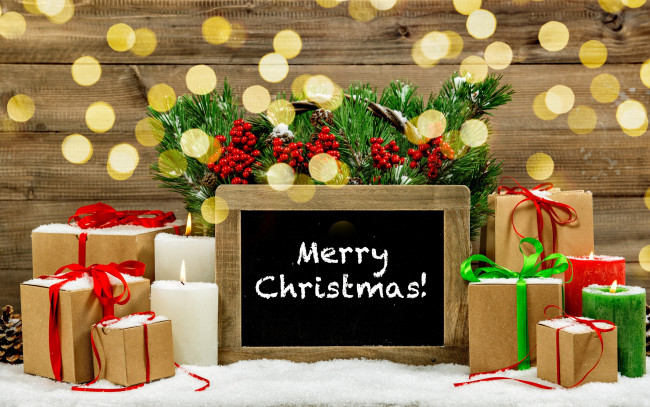 Обои картинки фото праздничные, подарки и коробочки, снег, украшения, новый, год, рождество, gifts, подарки, свечи, decoration, xmas, merry, christmas