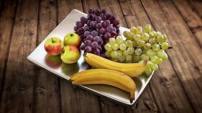Обои картинки фото еда, фрукты,  ягоды, поднос, бананы, виноград, яблоки
