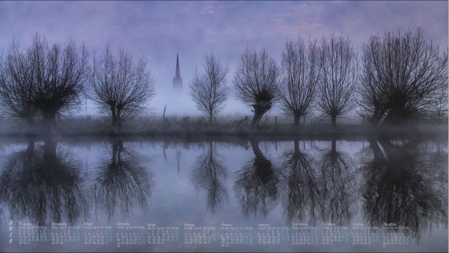 Обои картинки фото календари, природа, 2018, водоем, отражение, деревья, туман