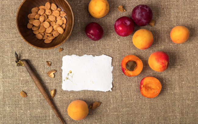 Обои картинки фото еда, персики,  сливы,  абрикосы, абрикос, слива, орешки