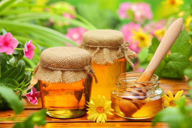 Обои картинки фото еда, мёд,  варенье,  повидло,  джем, мед, цветы, банки
