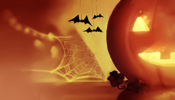 Картинка праздничные хэллоуин тыква свет фон паутина мыши