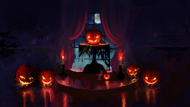 Обои картинки фото праздничные, хэллоуин, фон, тыквы, свет, свеча