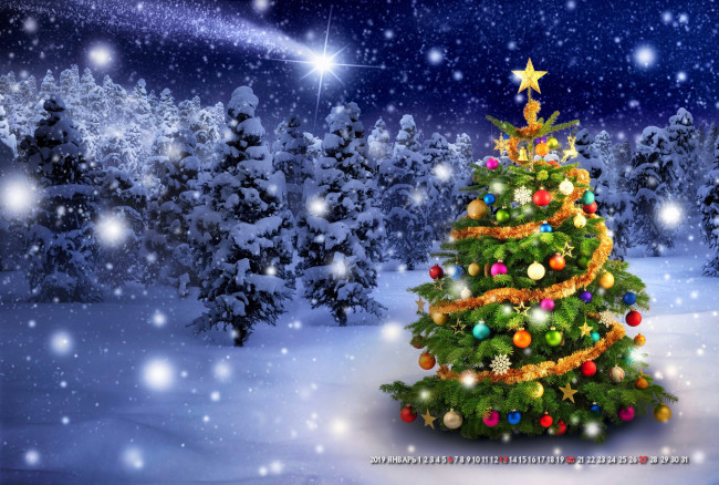 Обои картинки фото календари, праздники,  салюты, лес, снег, гирлянда, звезда, игрушка, елка