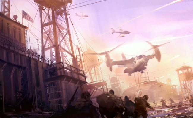 Обои картинки фото видео игры, resistance 2, вышки, люди, самолеты, стена, флаг