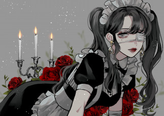 Картинка аниме unknown +другое+ девушка горничная повязка свечи розы