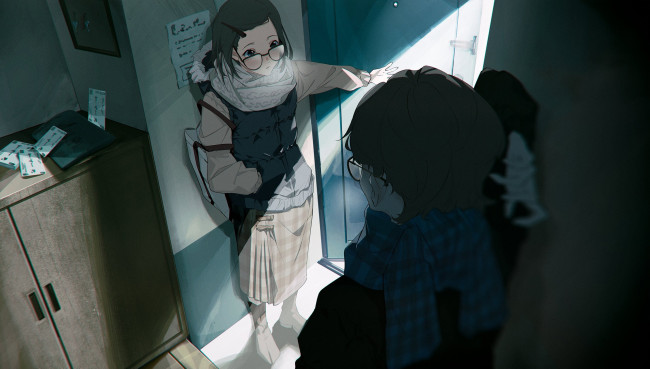 Обои картинки фото аниме, unknown,  другое , девочка, мальчик, очки, дверь