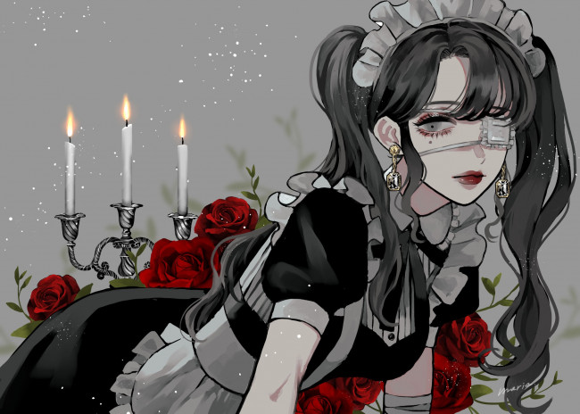 Обои картинки фото аниме, unknown,  другое , девушка, горничная, повязка, свечи, розы