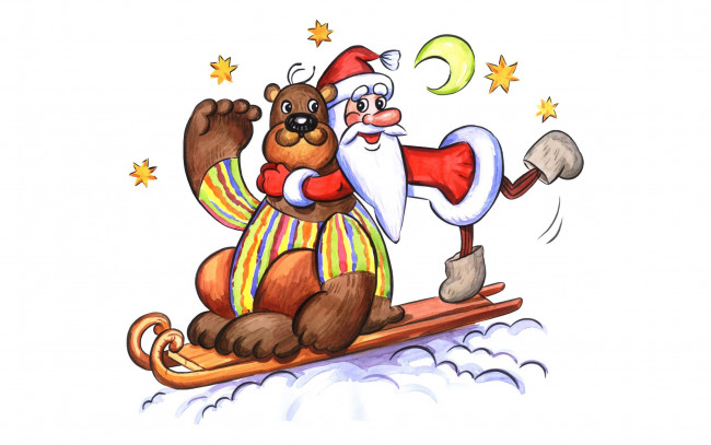 Обои картинки фото праздничные, рисованные, дед, мороз, медведь