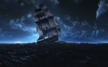 обоя корабли, 3d, парусник, шторм, океан, ночь