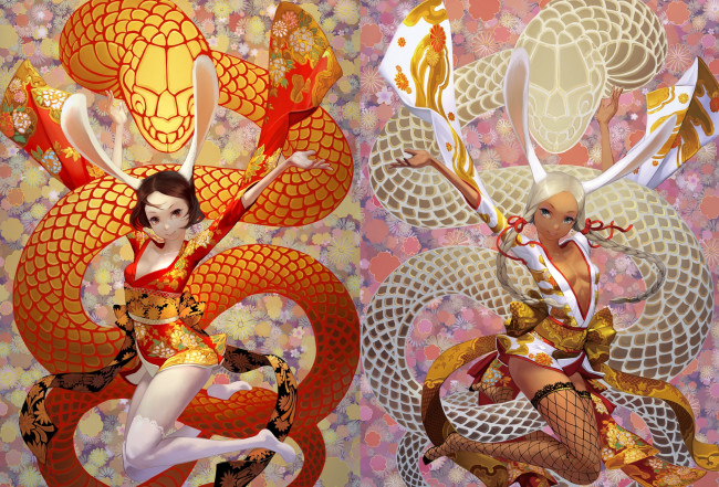 Обои картинки фото by, takayama, toshiaki, аниме, animals, змеи, девушки, зайчики