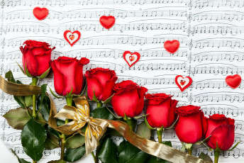 обоя цветы, розы, ноты, сердечки, лента