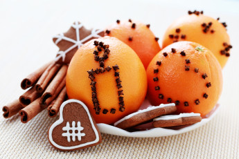 Картинка праздничные угощения апельсины печенье корица гвоздика